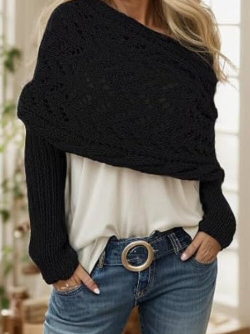 Black Sweater Scarf With Sleeves